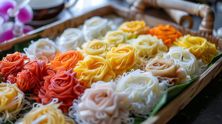 A tray of Roti Sai Mai arranged beautifully with different colored cotton candy threads.の素材