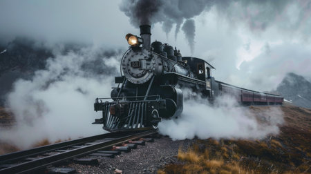 A steam locomotive chugging along a track, with thick steam billowing from its chimney.の素材