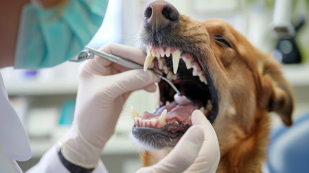 A veterinarian examining a dog's teeth during a routine check-up at a veterinary clinic.の素材