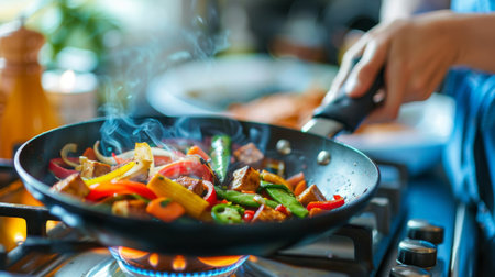A woman seasoning a sizzling skillet of stir-fry with vibrant vegetables and tofu over a gas stove.の素材