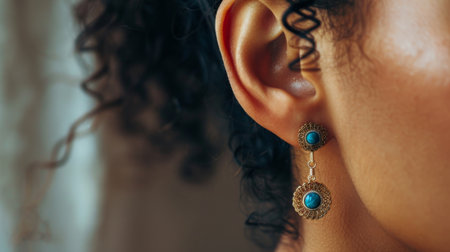 A woman's ear wearing mismatched quirky earrings, expressing individual style.の素材