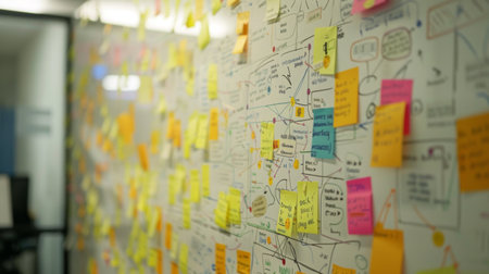 A whiteboard filled with interconnected diagrams and notes during a brainstorming session.の素材
