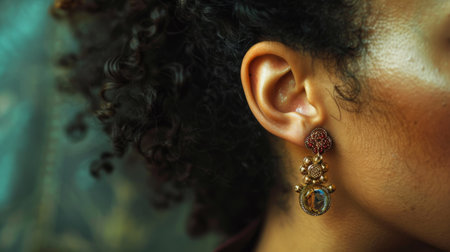 A woman's ear adorned with vintage clip-on earrings from the 1950s era.の素材