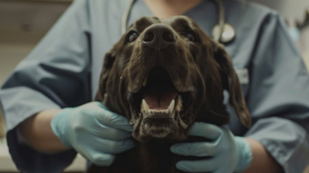 A veterinarian examining a dog's teeth during a routine check-up at a veterinary clinic.の素材