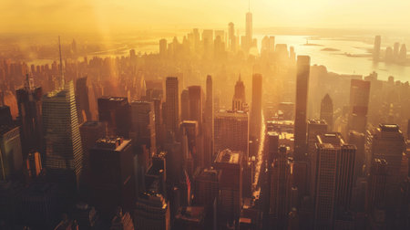 Aerial view of a bustling cityscape with modern skyscrapers and landmarks, bathed in golden sunlight.の素材