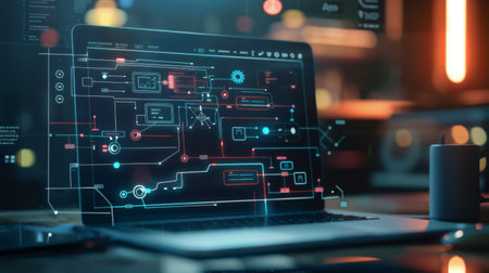 A visual comparison of different flowcharts showing various processes on a laptop screen.の素材