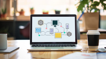 A visual comparison of different flowcharts showing various processes on a laptop screen.の素材