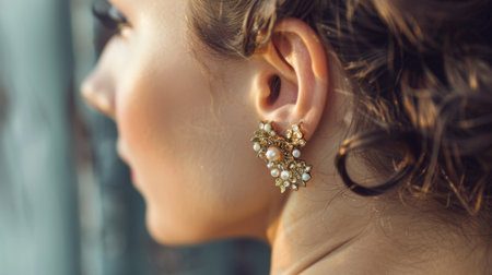 A woman's ear adorned with vintage clip-on earrings from the 1950s era.の素材