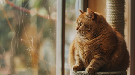 An overweight cat sitting on a scratching post, looking out a window.の素材