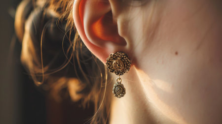 A woman's ear adorned with vintage clip-on earrings from the 1950s era.の素材