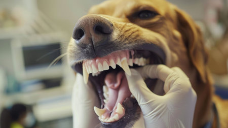 A veterinarian examining a dog's teeth during a routine check-up at a veterinary clinic.の素材