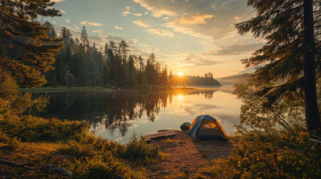 Adventurous family camping in a scenic national park, setting up tents near a tranquil lake at sunset.の素材