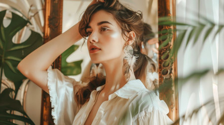 A young woman adjusting her trendy feather earrings in front of a mirror.の素材