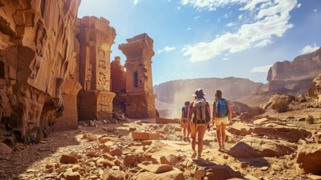 Adventurous travelers exploring ancient ruins in a remote desert landscape under a clear blue sky.の素材