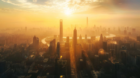 Aerial view of a bustling cityscape with modern skyscrapers and landmarks, bathed in golden sunlight.の素材