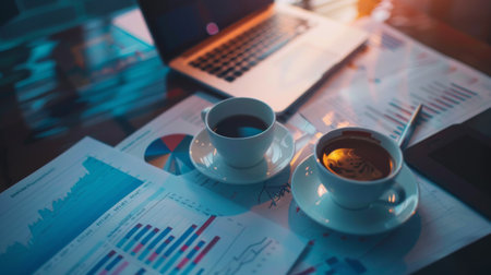 An office desk with printed graphs and charts, a laptop, and a cup of coffee.の素材