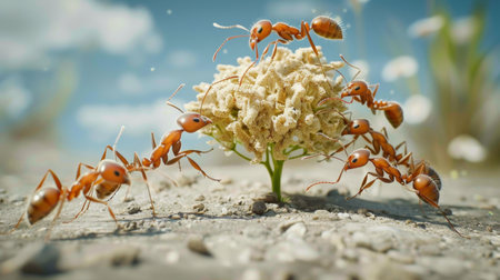 Ants working together to transport a large piece of food across the ground.の素材