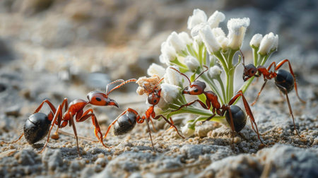 Ants working together to transport a large piece of food across the ground.の素材