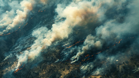 Aerial view of smoke plumes from wildfires spreading across a landscape.の素材