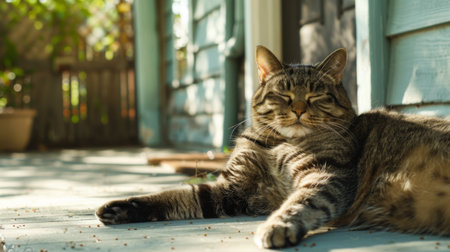 An overweight cat lazily sunbathing on a porch, with eyes half-closed.の素材