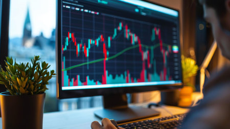 An investor reviewing a stock market graph on a computer screen at home.の素材
