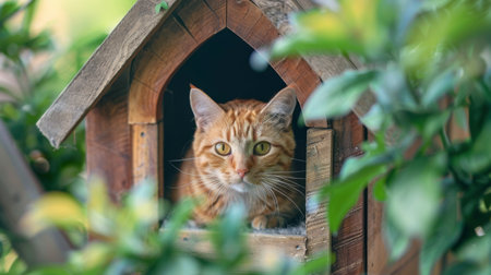 Close-up of a cat house shaped like a cozy cottage, with a door and windows for ventilation.の素材