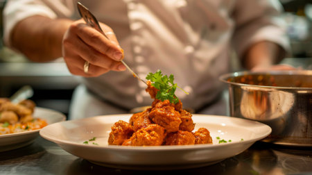 Close-up of a chef garnishing a plate of chicken tikka masala with cilantro in a restaurant kitchen.の素材