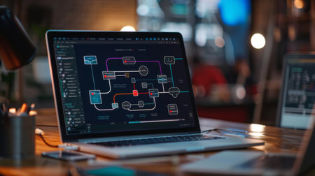 A visual comparison of different flowcharts showing various processes on a laptop screen.の素材