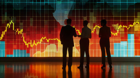Businesspeople discussing stock market trends with graphs projected on a large screen.の素材