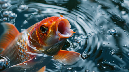 Close-up of a goldfish gulping air at the water's surface, showing its unique mouth structure.の素材