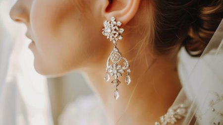 Close-up of a bride's ear with sparkling crystal chandelier earrings on her wedding day.の素材