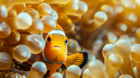 Close-up of a clownfish peeking out from an anemone in its natural habitat.の素材