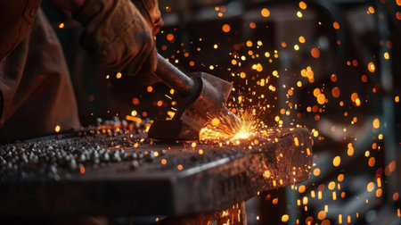 Close-up of a blacksmith shaping molten metal on an anvil with sparks flying in a traditional workshop.の素材