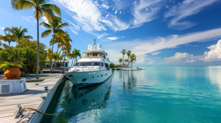 A yacht docked at a tropical resort marina, surrounded by palm trees and clear blue water.の素材
