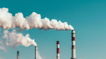 Billowing smoke from an industrial factory's chimneys against a clear blue sky.の素材
