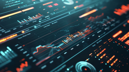 Close-up of a digital dashboard with real-time data analytics and interactive graphs.の素材