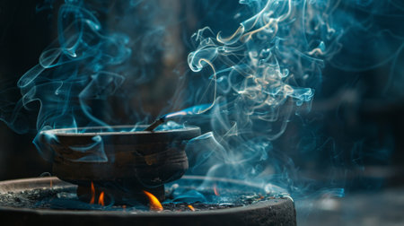 Close-up of a burning incense stick with wisps of smoke curling in the air.の素材