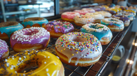 Assorted colorful doughnuts with different toppings and fillings on a bakery display.の素材