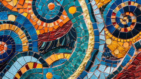 Close-up of a mosaic tile abstract pattern with intricate designs and vibrant colors.の素材