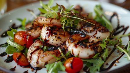 Close-up of a grilled squid salad with mixed greens, cherry tomatoes, and balsamic dressing.の素材