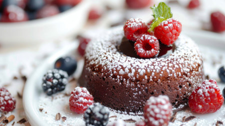 Close-up of a decadent chocolate lava cake topped with powdered sugar and berries.の素材