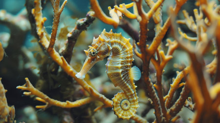 Close-up of a seahorse clinging to coral branches, camouflaged in its environment.の素材