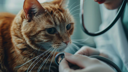 Close-up of a veterinarian holding a stethoscope to a cat's chest to check its heartbeat.の素材