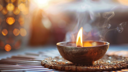 Close-up of a meditation bowl with incense burning and soft focus on the background.の素材