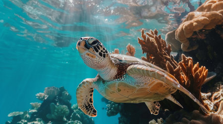 Close-up of a sea turtle gracefully swimming among coral formations in the ocean.の素材