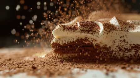 Close-up of a traditional Italian tiramisu dessert dusted with cocoa powder.の素材