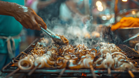 Close-up of a seafood vendor grilling squid on a street food stall, with customers waiting in line.の素材