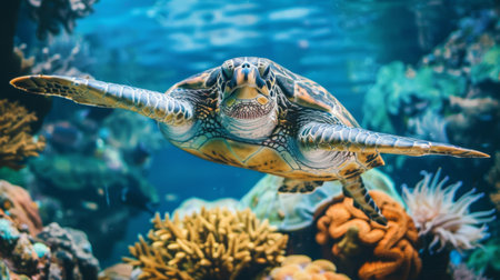 Close-up of a sea turtle gracefully swimming among coral formations in the ocean.の素材