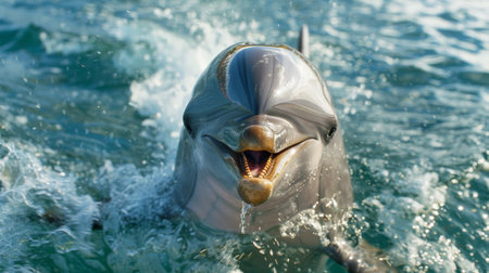 Close-up of a dolphin's friendly smile and sparkling eyes above the water surface.の素材