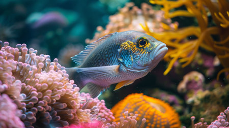 Close-up of a sea bream swimming among colorful sea anemones and coral polypsの素材